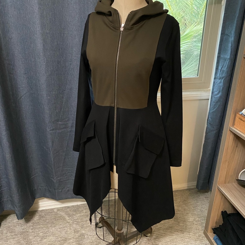 Ruti Olive and Black and Black Princess Coat with Asymmetrical Hem